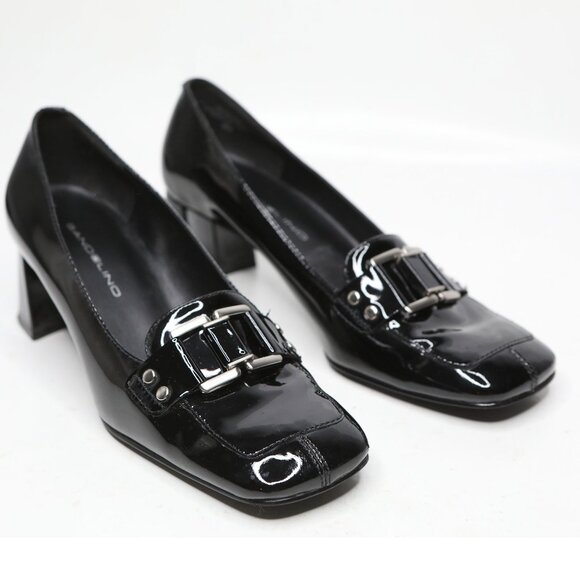 Vintage Bandolino Patent Leather Loafer Pumps Square Toe Chunky Heel Black Gloss - Picture 3 of 11